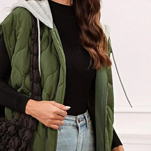 Olive Green Boho Women's Quilted Cozy Free Style Drawstring Hooded Puffer Vest - Picture 1 of 4